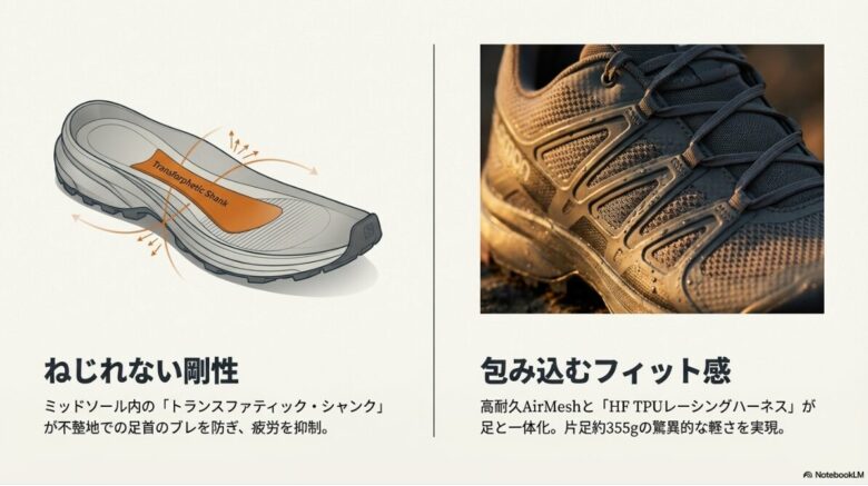 ミッドソール内のトランスファティック・シャンクによる剛性と、AirMeshおよびHF TPUレーシングハーネスによるフィット感の図解