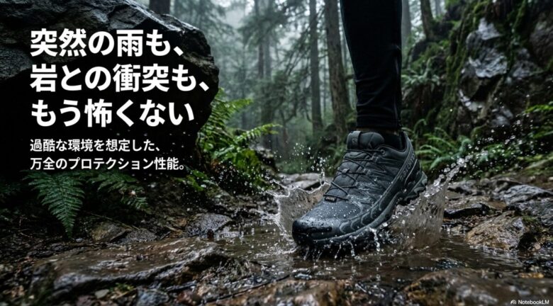 「突然の雨も、岩との衝突も、もう怖くない」というコピーと、プロテクション性能を強調するイメージ