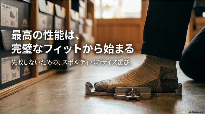 「最高の性能は、完璧なフィットから始まる」という文字と、スポルティバのロゴ