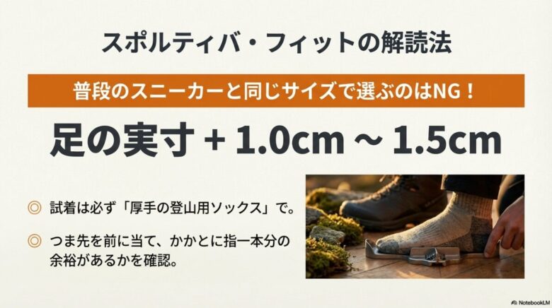 足の実寸に1.0cm〜1.5cm足すサイズ選びの基準と、厚手の靴下での試着方法、かかとの余裕確認の図解