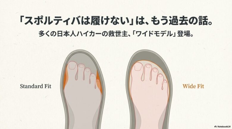 「スポルティバは履けないは、もう過去の話」という文字と、スタンダードフィットとワイドフィットの比較イメージ