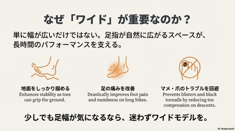 足指が広がるスペースの確保が、安定性向上、痛み改善、マメや爪のトラブル回避に繋がることを示す図解
