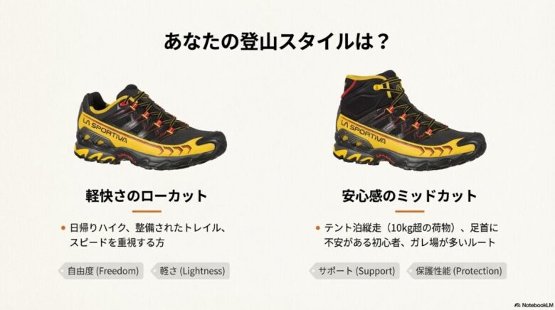 ローカット（自由度・軽さ）とミッドカット（サポート・保護性能）の製品比較と、それぞれの推奨スタイルのまとめ