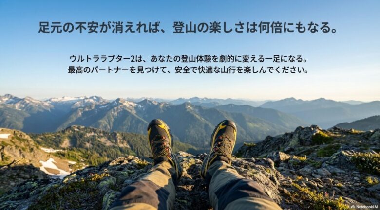 山頂でリラックスする足元の実景画像と「足元の不安が消えれば、登山の楽しさは何倍にもなる」というメッセージ