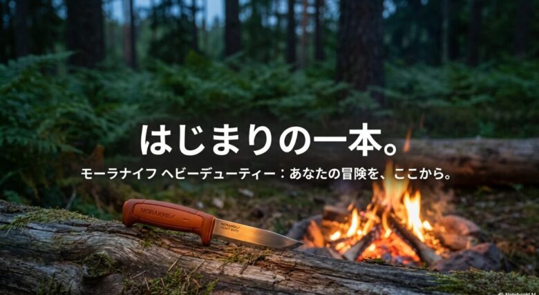 黒い石板の上に置かれたオレンジ色のモーラナイフ・ヘビーデューティー。バトニングにも耐えるタフネスと価格の魅力を伝えるスライド