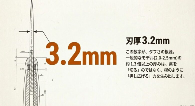 標準モデル（2.0-2.5mm）とヘビーデューティー（3.2mm）の刃厚の違いを楔（くさび）に例えて解説する比較図。