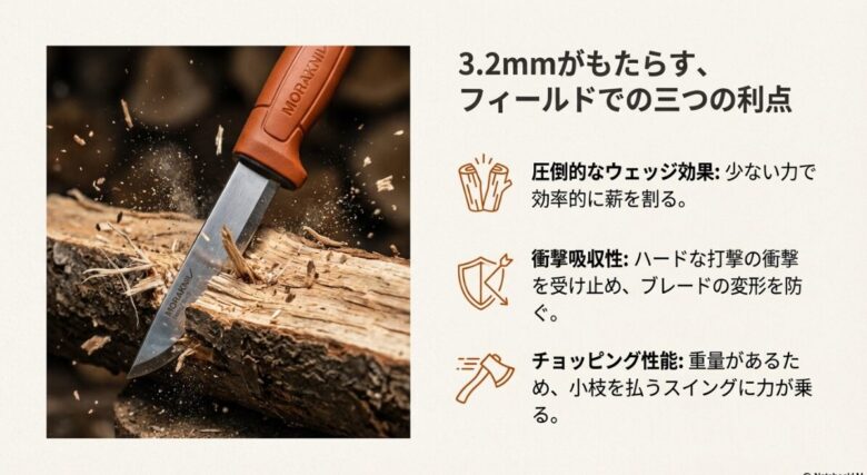 バトニングで薪を割る瞬間の写真。ウェッジ効果、衝撃吸収性、チョッピング性能の3つの利点が記載されたスライド