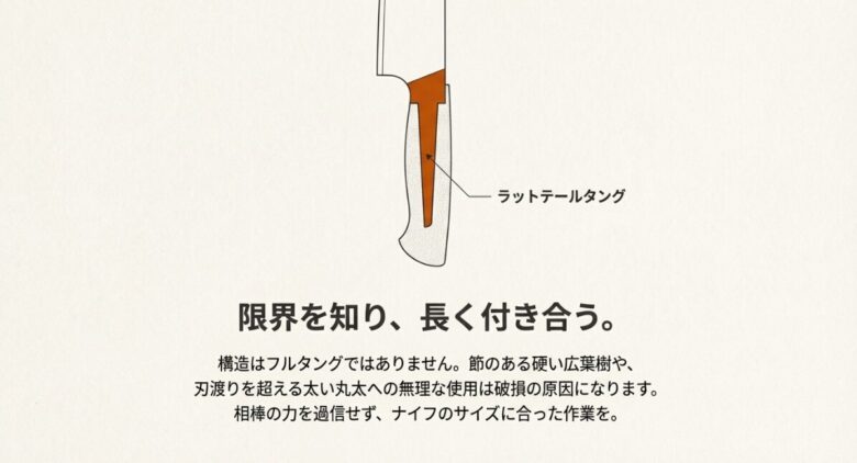 ハンドル内部で鋼材が細くなっているラットテールタング構造の透視図と、無理な使用を控えるよう促す注意書き