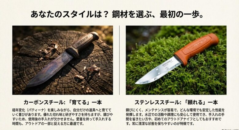 経年変化を楽しむカーボンモデルと、メンテナンスが容易なステンレスモデルを並べた比較スライド