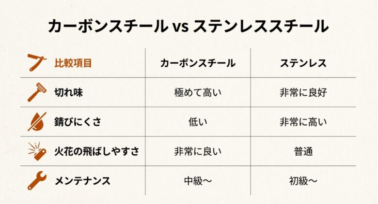 切れ味、錆びにくさ、火花の飛ばしやすさ、メンテナンス性を星取り表のようにまとめた鋼材比較表