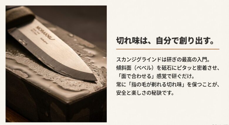砥石の上でナイフのベベル（傾斜面）を密着させて研いでいる様子と、安全のための切れ味維持の大切さを伝えるスライド