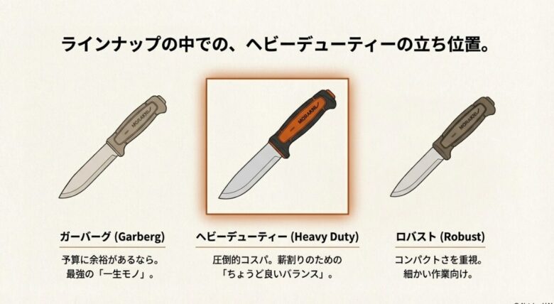 ガーバーグ（一生モノ）、ヘビーデューティー（コスパ）、ロバスト（コンパクト）の3種類のイラストと特徴の比較