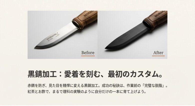 銀色のブレードが黒錆加工によってマットブラックに変貌した様子を示す比較写真