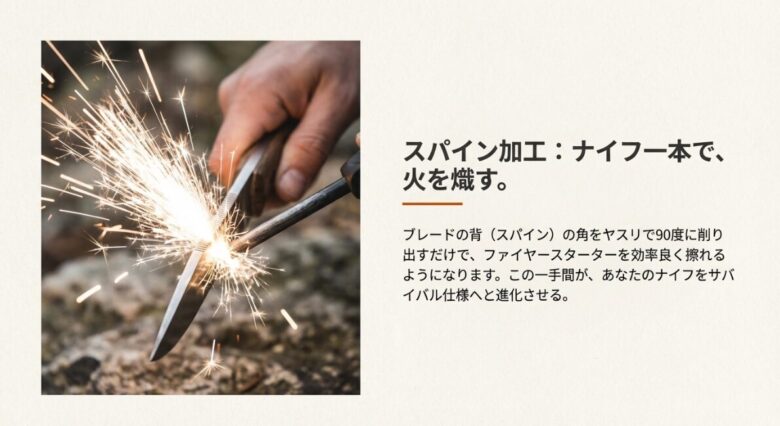 ナイフの背でファイヤースターターを擦り、激しく火花を飛ばしている迫力のある写真