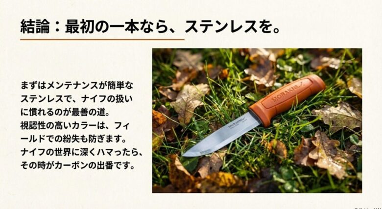 落ち葉の上に置かれたオレンジ色のナイフ。視認性の高さとメンテナンスの簡便さからステンレスを推奨する内容