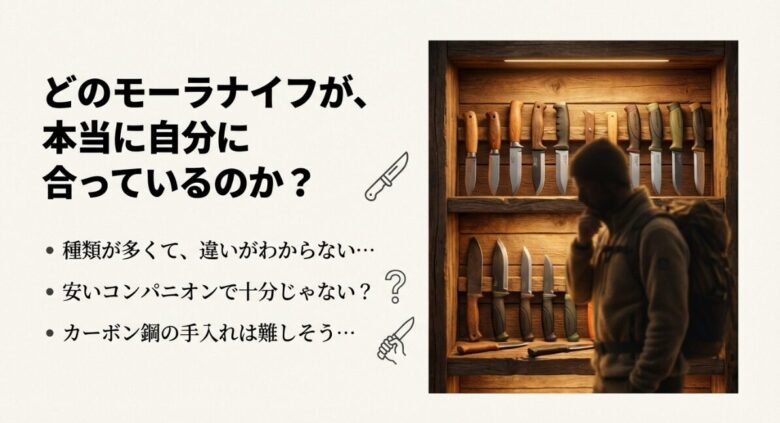 モーラナイフ選びで初心者が抱きがちな「種類が多くてわからない」「コンパニオンで十分か」「手入れが難しそう」という悩みを提示するスライド