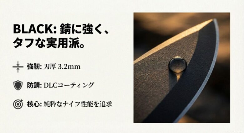 刃厚3.2mm、防錆のDLCコーティングを施した強靭なモーラナイフ・ブラックの製品紹介スライド