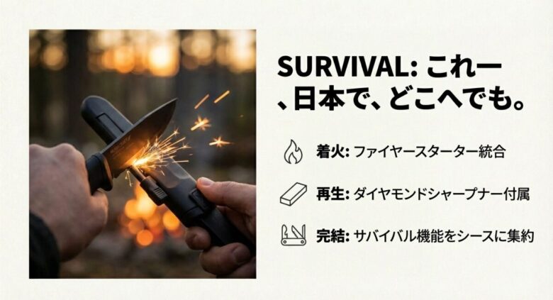 シースにファイヤースターターとダイヤモンドシャープナーを集約したサバイバルモデルの着火シーンスライド