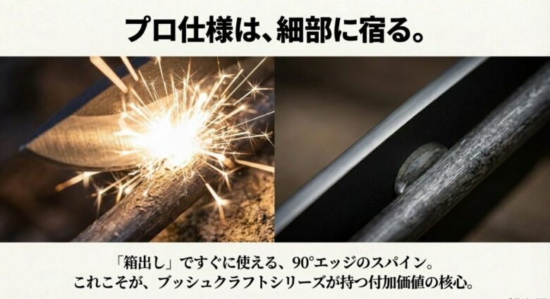 ファイヤースターターでの着火を可能にする、箱出し状態で鋭角に磨かれたナイフの背（スパイン）の拡大画像