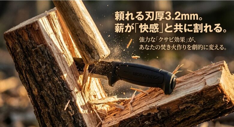 3.2mmの厚みを持つブレードが薪を押し広げ、快感と共に薪が割れる様子を説明するスライド