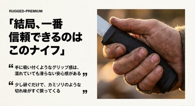 濡れた手でも滑らないグリップ感と、研ぎ直しやすさを評価するユーザーの口コミをイメージしたスライド