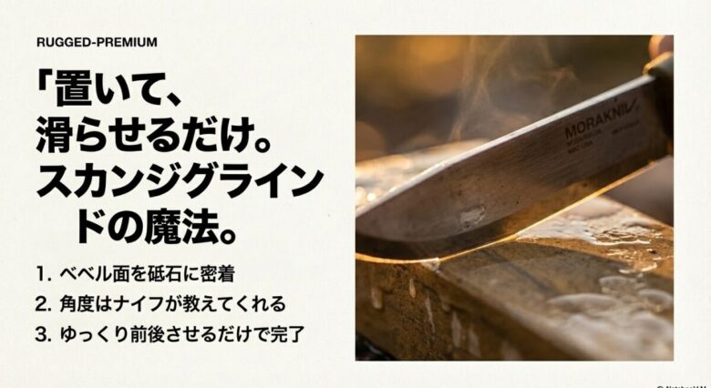 砥石にベベル面を密着させ、ゆっくり前後させるだけの簡単な研ぎ方を解説するスライド