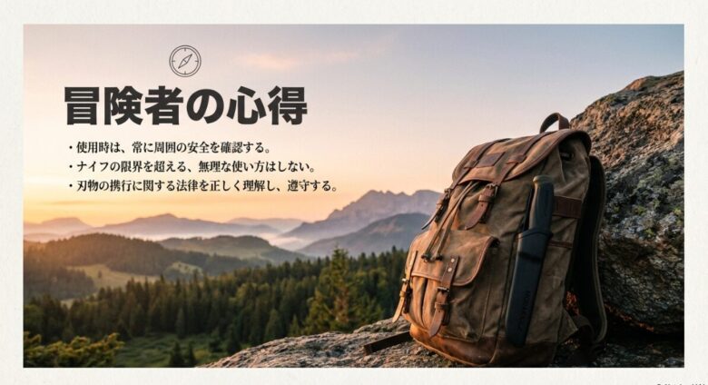 周囲の安全確認、無理な使い方の禁止、刃物携行に関する法律の遵守を促す安全啓蒙スライド