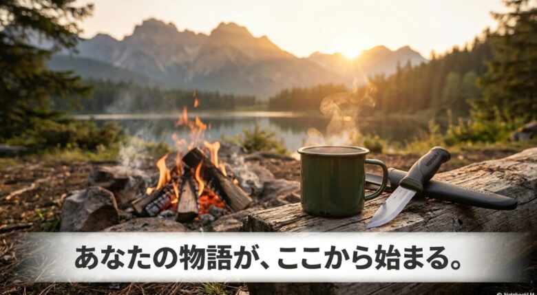 焚き火のそばに置かれたモーラナイフと、その背景に広がる山々と湖の美しい景色