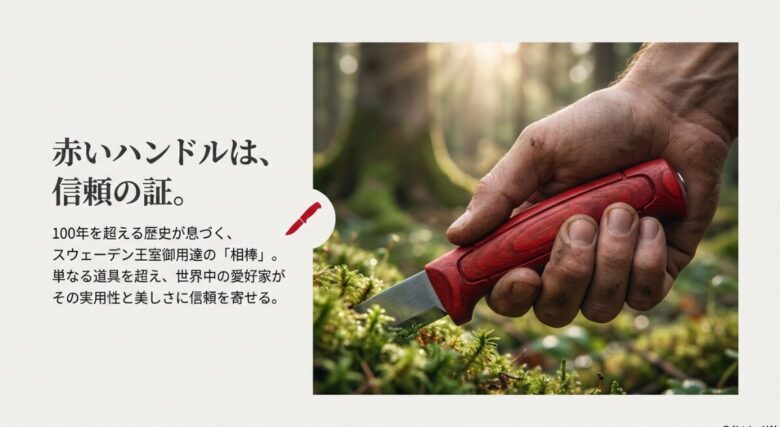 森の中で赤い木製ハンドルのモーラナイフ・クラシックを握る手の写真。スウェーデン王室御用達の伝統的な佇まい