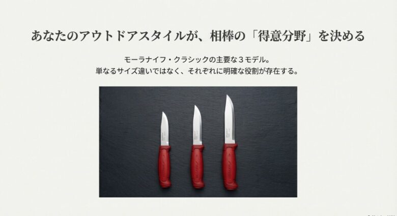 モーラナイフ・クラシックの主要3モデルが横に並んだ比較画像。サイズによる刃渡りとハンドルの大きさの違いがわかる