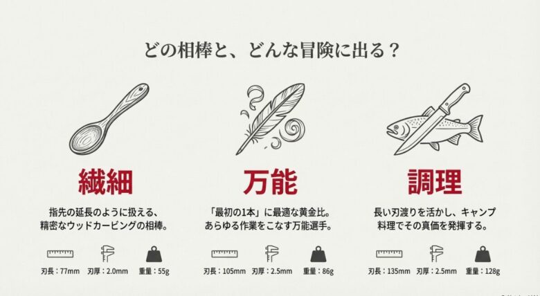 各モデルの推奨用途（工作、万能、調理）のイラストと、それぞれの刃長・刃厚・重量をまとめたスペック表