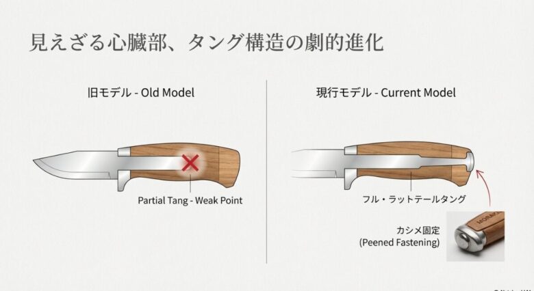 旧モデルのパシャルタングと現行モデルのフル・ラットテールタングの断面図。現行品は鋼材が柄の末端まで貫通している