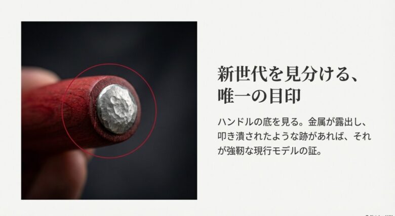 モーラナイフ・クラシック現行モデルのハンドル底部。金属が露出し、叩き潰されたようなカシメ（リベット）固定の跡が見える