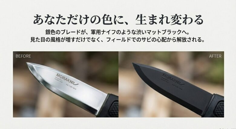 加工前の銀色のブレードと、加工後の渋いマットブラックに染まったブレードの比較