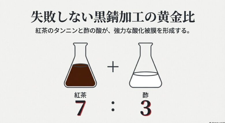 紅茶7、酢3の割合で混合することを示す図解。タンニンと酸の反応により黒錆を形成する