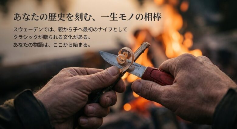 長年使い込まれたような風格のあるモーラナイフ・クラシック。親から子へ贈られる文化についても触れている