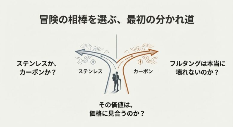 ステンレスかカーボンか、フルタングの耐久性、価格に見合う価値かといった、購入前の疑問点を示すスライド