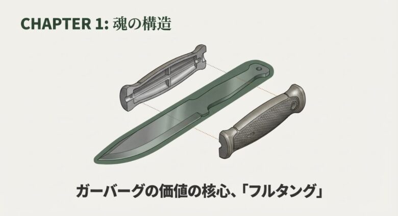 ナイフのハンドルが分割され、中の金属（タング）が末端まで貫通している構造を示す分解図