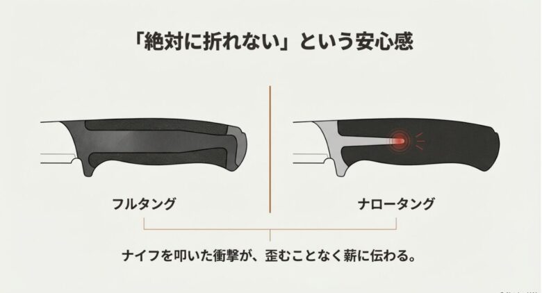 ハンドル内部の金属部分が末端まであるフルタングと、途中で終わっているナロータングの比較イラスト
