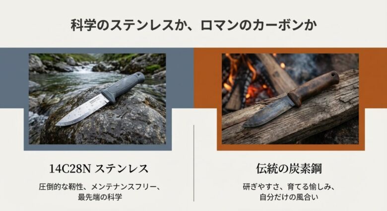 川辺のステンレスモデルと焚き火横のカーボンモデルの写真。靭性やメンテナンス性、研ぎやすさの違いを対比させている