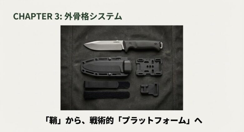 シース本体、マウントベース、ベルクロストラップなどのマルチマウントシステムを構成する部品一覧