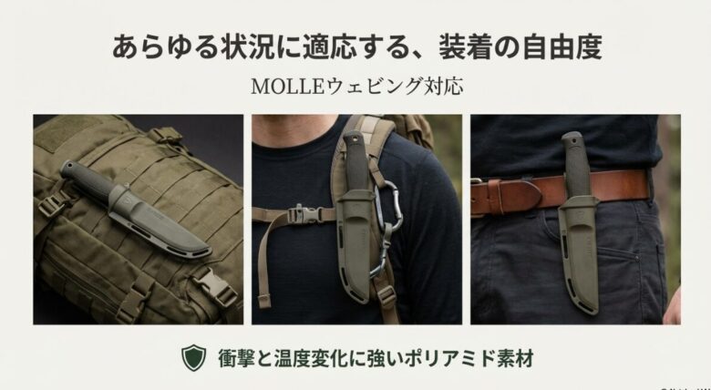 バッグのウェビング、ショルダーストラップ、腰のベルトにガーバーグを装着した3パターンの実例写真