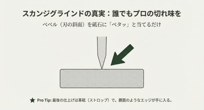 砥石に対して刃の斜面（ベベル）を密着させる角度を示す模式図