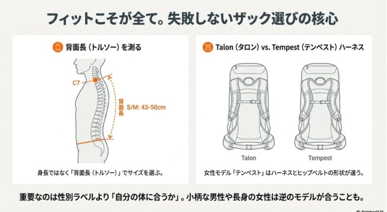 人体の側面図解。第7頸椎（C7）から骨盤の腸骨稜までの長さを測定し、S/Mサイズなどの適合範囲を確認する方法を示したイラスト