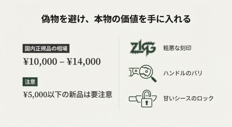 10,000円から14,000円の相場表示と、粗悪な刻印やハンドルのバリなど偽物の注意点をまとめた図