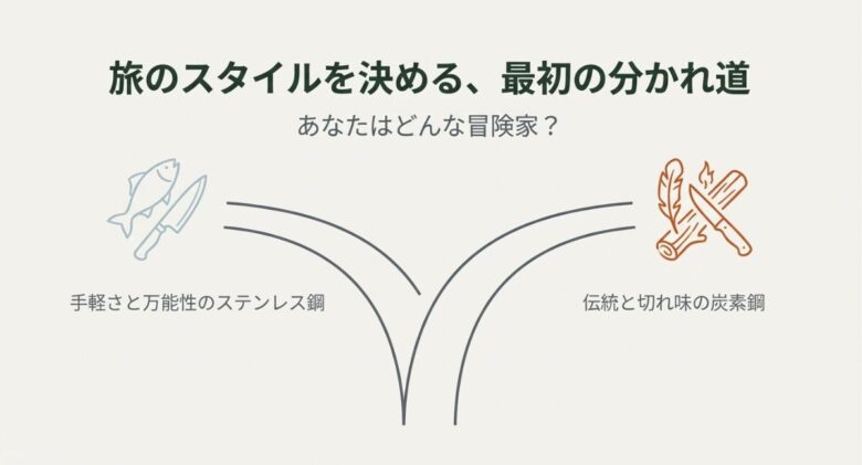 ステンレス（錆に強い・手入れ楽）とカーボン（切れ味鋭い・研ぎやすい）のメリット・デメリットを比較した図解スライド