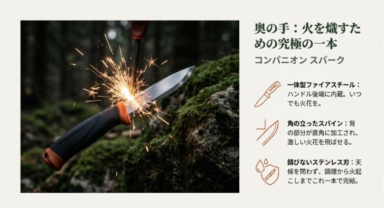 ハンドルにファイアースチールを内蔵した「スパーク」モデルの構造と、火花の散らし方を解説するスライド