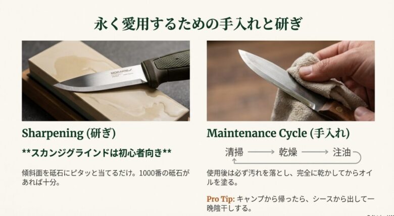 砥石に対して刃の傾斜面を当てる角度など、スカンジグラインド特有の研ぎ方のコツを図解したスライド