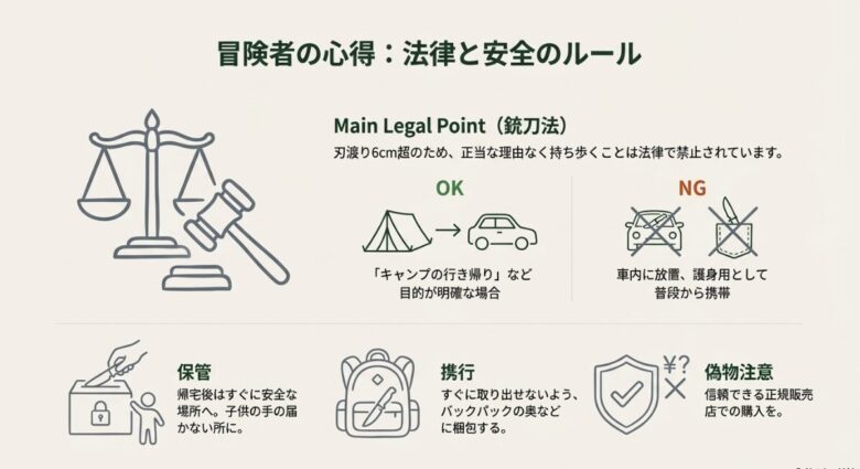 キャンプ移動時などの正しいナイフの収納方法や、銃刀法・軽犯罪法に関する注意点をまとめたスライド