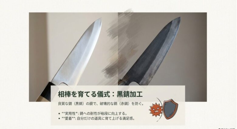 紅茶と酢を使った黒錆加工のプロセスと、防錆効果・ビジュアルの変化を説明するスライド。